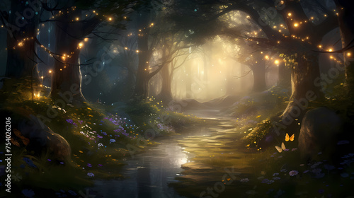 Ethereal twilight scene in a mysterious forest with trees decorated with warm lights © ma