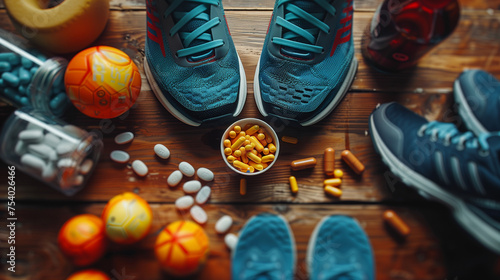 Shoes and variety of dietary supplements. Concept for healthy lifestyle and exercise. photo