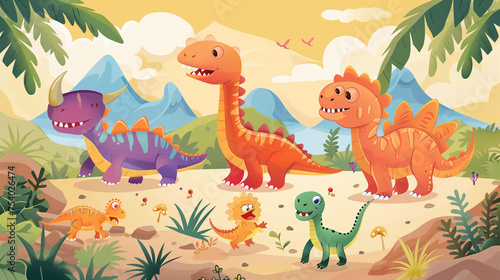 colorful cute dinosaurs in prehistoric scene 
