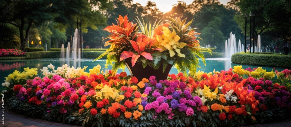 A garden bursting with a variety of colorful flowers, creating a vibrant and lively display in a lush park setting. The flowers range in hues from bright reds to deep blues, attracting bees and