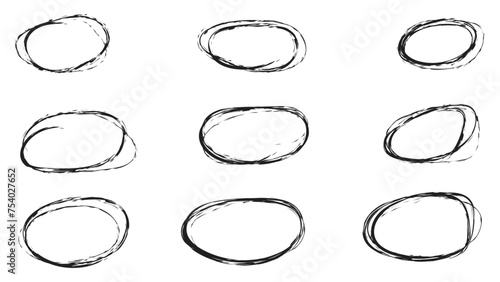 Handdrawn doodle grunge circle highlights. Charcoal pen round ovals. Marker scratch scribble inrounder. Round scrawl frames. Bubbles Set. freehand painted circular note. Vector illustration