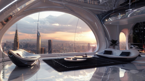 A high altitude hangout featuring sleek and futuristic design elements with a bustling cityscape below. © Justlight