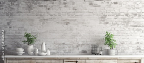 A light gray and painted white brick wall serves as the backdrop for a white dresser, creating a minimalist and clean aesthetic in the room. The dressers simple design contrasts with the textured