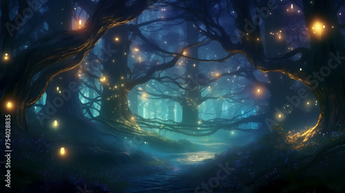 Mysterious forest, glowing trees © ma