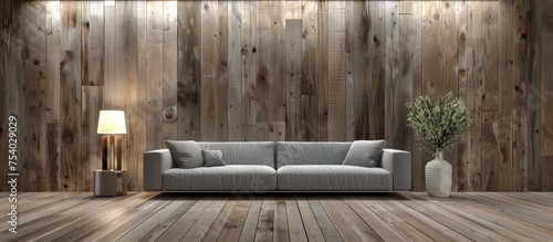 A modern living room featuring a gray sofa against a white wall, with a table lamp on a wooden table. The wood floor and wooden wall add warmth to the room.