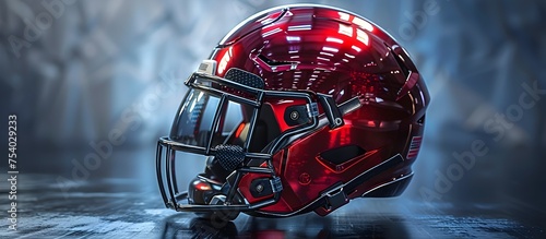 Futuristic Red Football Helmet with Holographic Design Elements and LED Lighting