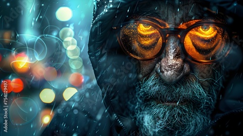 Glowing Eyes Old Man in Rain with Cinematic Lighting and Bokeh Effect