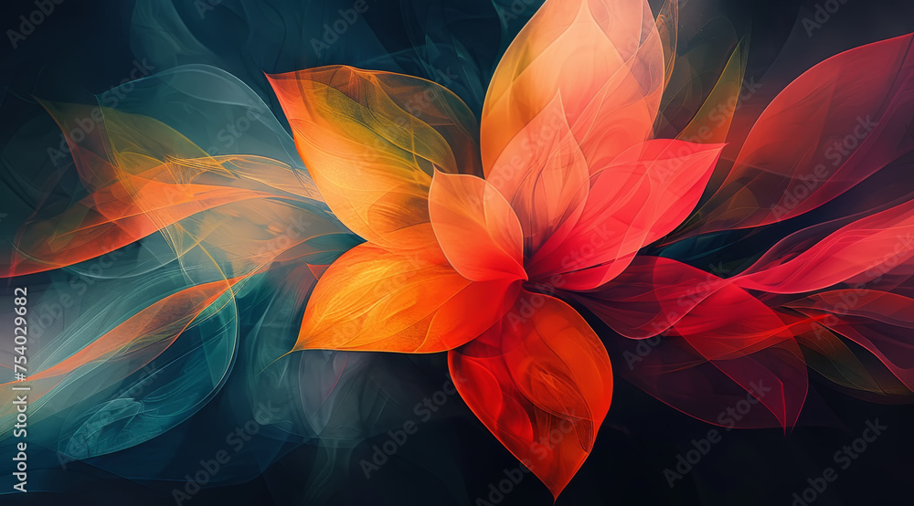 Vibrant abstract digital art of a flower with flowing shapes in red, orange, and blue,ai generated