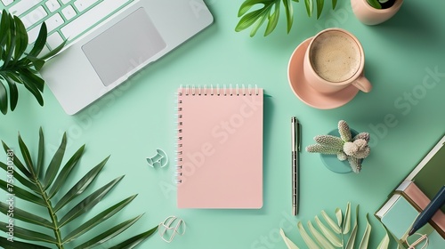 Creative flat lay of workspace desk, notepad for wishlist and lifestyle objects on green background,generative ai, 