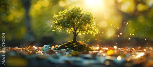 Money Tree Flourishing in Ethereal Forest, To convey the concept of wealth conservation through the image of a tree flourishing on a pedestal of photo