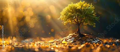 Tree Thriving on a Foundation of Gold Coins, To convey the concept of thriftiness leading to financial success and abundance photo