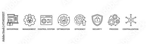 Industrial control system banner web icon illustration concept with icon of enterprise, management, control system, optimization, efficiency, security, process, centralization	