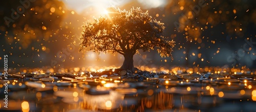 Golden Tree Surrounded by Coins in Fantasy Landscape, To convey a sense of luxury and abundance through a visually captivating image of a tree © Sittichok