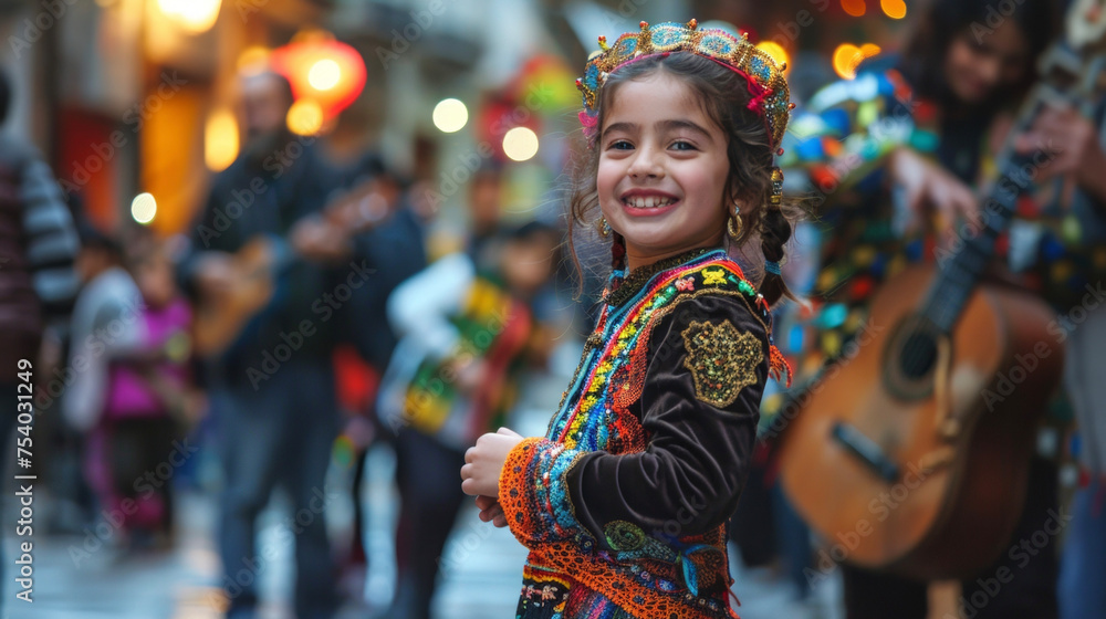 A young girl dancing with joy as she watches the street musicians perform her eyes lit up with excitement.