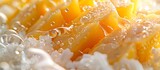 Macro Photo of Sunlit Mango and Rice in Milk Sauce, To showcase the freshness and appeal of mango and rice in milk sauce in a high-resolution,
