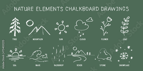 Set of simple nature elements doodle drawings on green chalkboard hand-drawn style vector design. Tree, mountain, Sun, clouds, flower, leaf, sea, wave, raindrops, river, stone, snowflakes