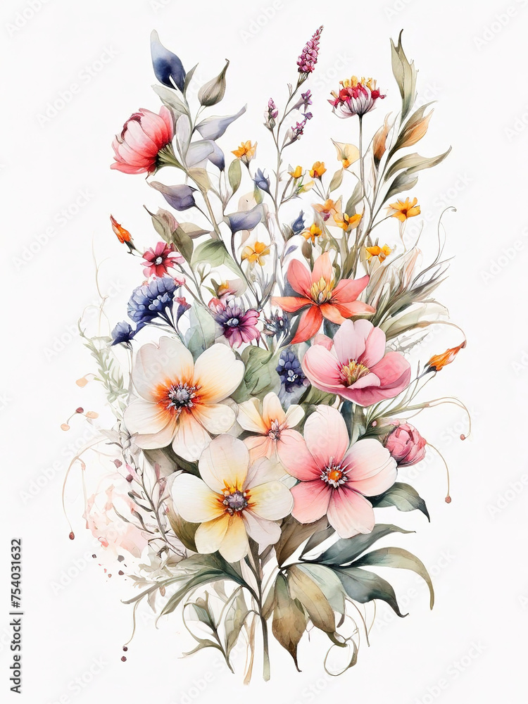 watercolor painting of leaves and flowers, on white background, isolated