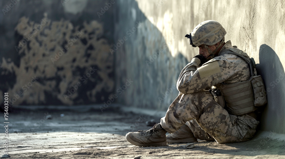 Depressed military man sitting behind a wall. Soldiers suffering from post-traumatic stress - obrazy, fototapety, plakaty 