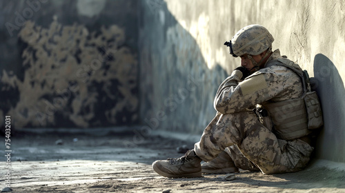 Depressed military man sitting behind a wall. Soldiers suffering from post-traumatic stress photo