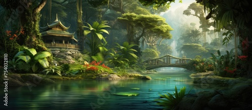 A painting depicting a bridge stretching over a river in a lush green forest. The bridge connects the two banks  surrounded by tall trees and dense foliage. The river flows gently underneath  adding a