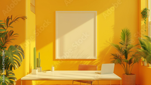 A bright and vibrant office environment with a blank empty white frame mockup on a backdrop of sunny yellow.