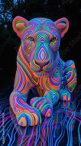 a colorful leon  painted with colorful geometric patterns  is painted on dark background  in the style of luminous