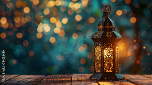 Lightened lantern on wooden table over bokeh background. Ramadan kareem holiday celebration 