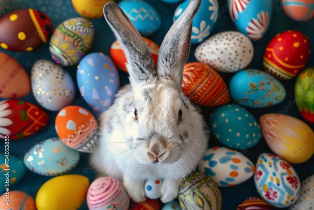 A white rabbit is standing in front of a bunch of colorful Easter eggs A white rabbit is standing in front of a bunch of colorful Easter eggs