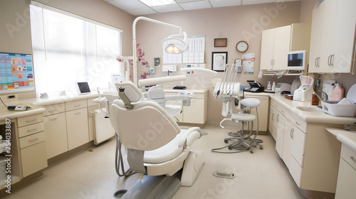 A white and bright empty dental office with a blue chair. The room is well cleaned modern. Warm beige color tone. © Kanlayarawit