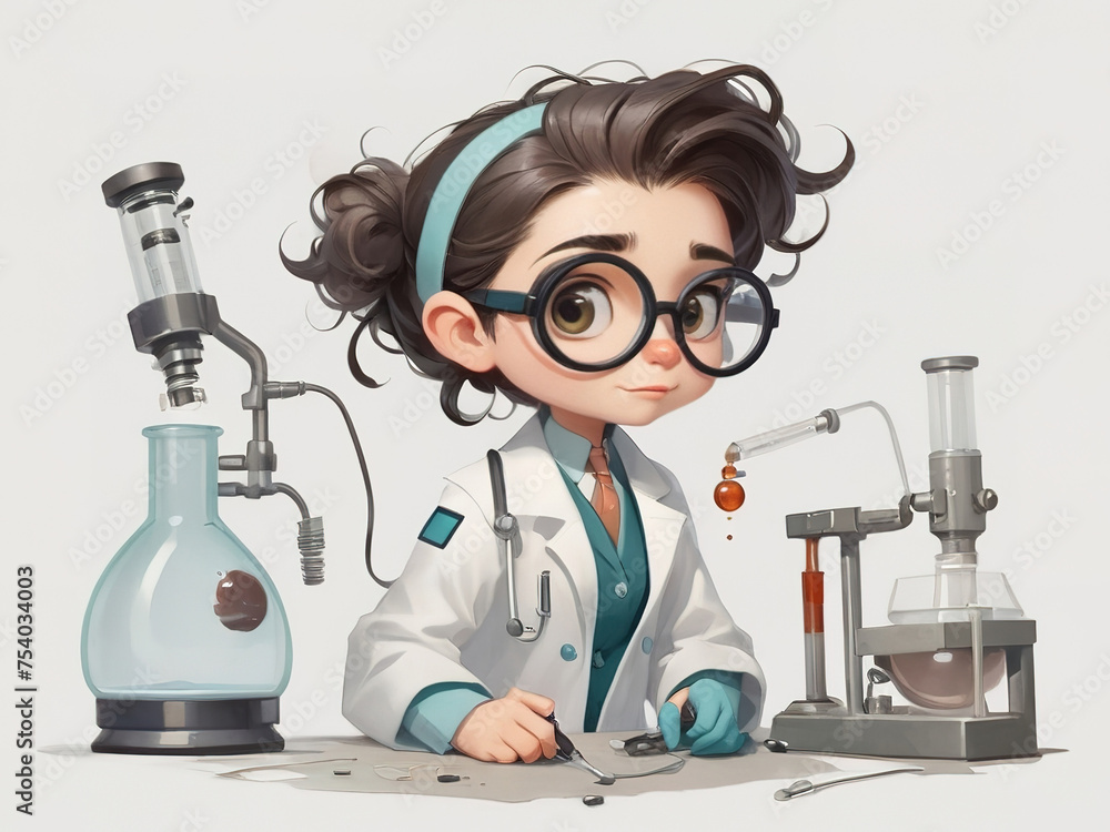 Cute little girl scientist in a lab coat and glasses working with a microscope Cute little girl scientist in a lab coat and glasses working with a microscope