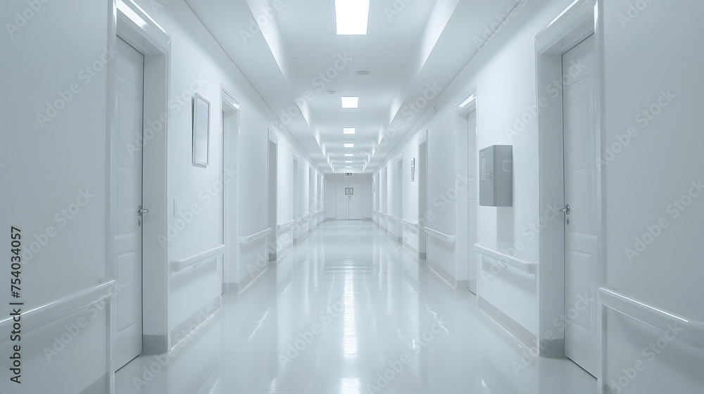 A long hallway in a hospital with white walls and a white floor. The hallway is empty and has no people.