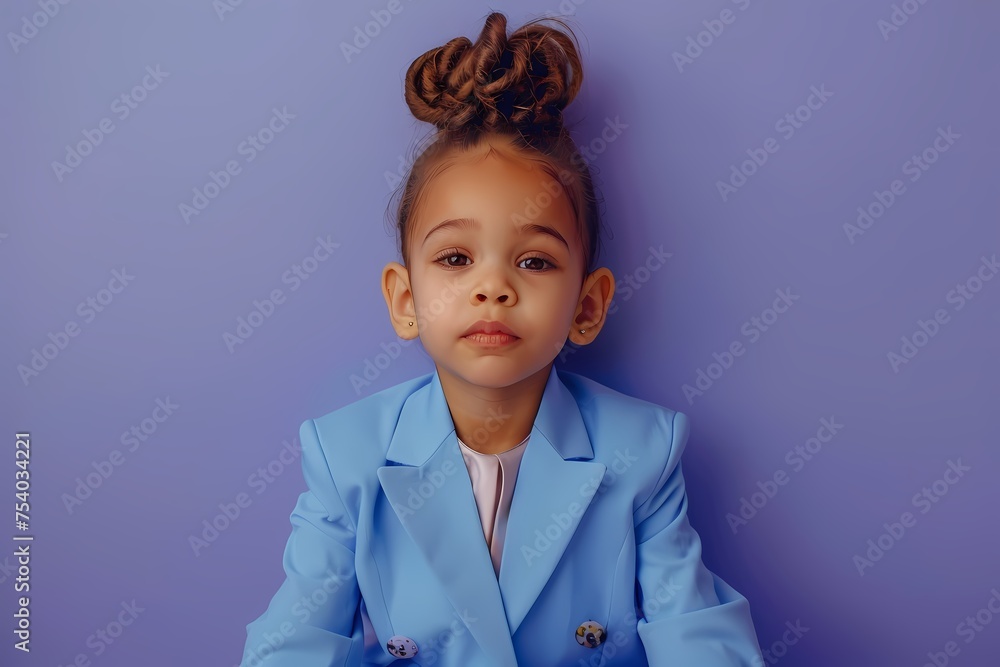 Surrounded by a solid periwinkle canvas, a cute and extremely beautiful kid model in business attire captures attention with a perfect hairstyle and a confident demeanor. Surrounded by a solid periwinkle canvas, a cute and extremely beautiful kid model in business attire captures attention with a perfect hairstyle and a confident demeanor.