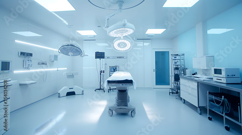 An operation room with a large surgical bed with white sheets. The room is clean and sterile, with a bright light overhead. Scene is serious and professional. Blue color tone.