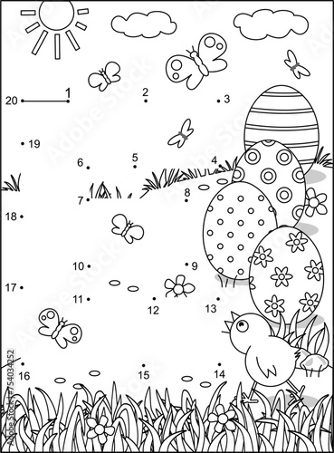 Easter letter E dot-to-dot activity and coloring page with painted eggs. E is for Easter. E is for eggs.
