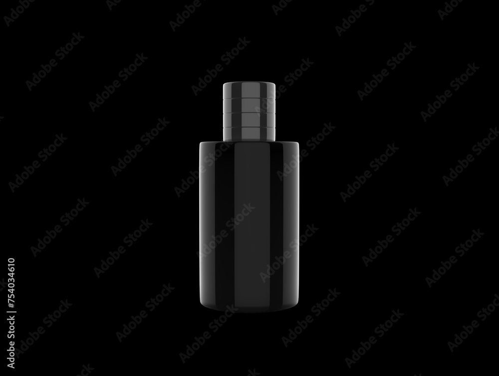 black bottle of perfume, black background, isolated black fragrance bottle in dark studio