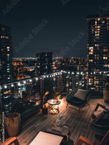 Modern rooftop patio space perfect for evening entertainment, surrounded by the glistening lights of the cityscape.