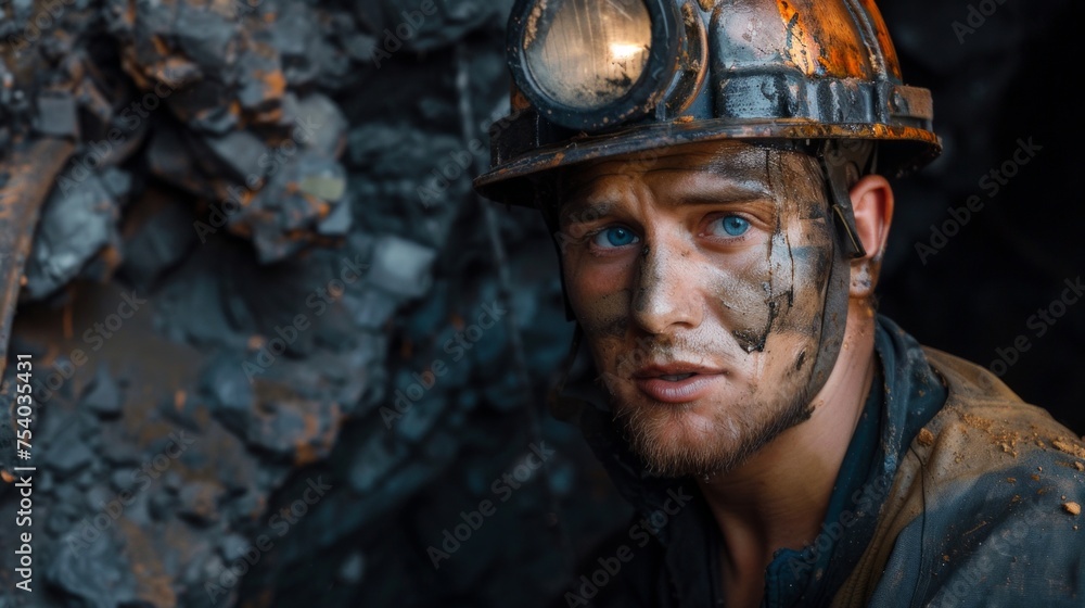 Close-up photo of dirty miner, dirty hardworking miner in cave, dark cave. Close-up photo of dirty miner, dirty hardworking miner in cave, dark cave.
