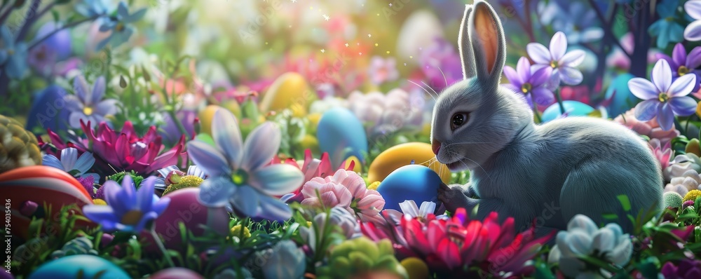 Easter Magic Unfolds: The Enchanting Tale of a Bunny Discreetly Placing Eggs in a Verdant Garden
