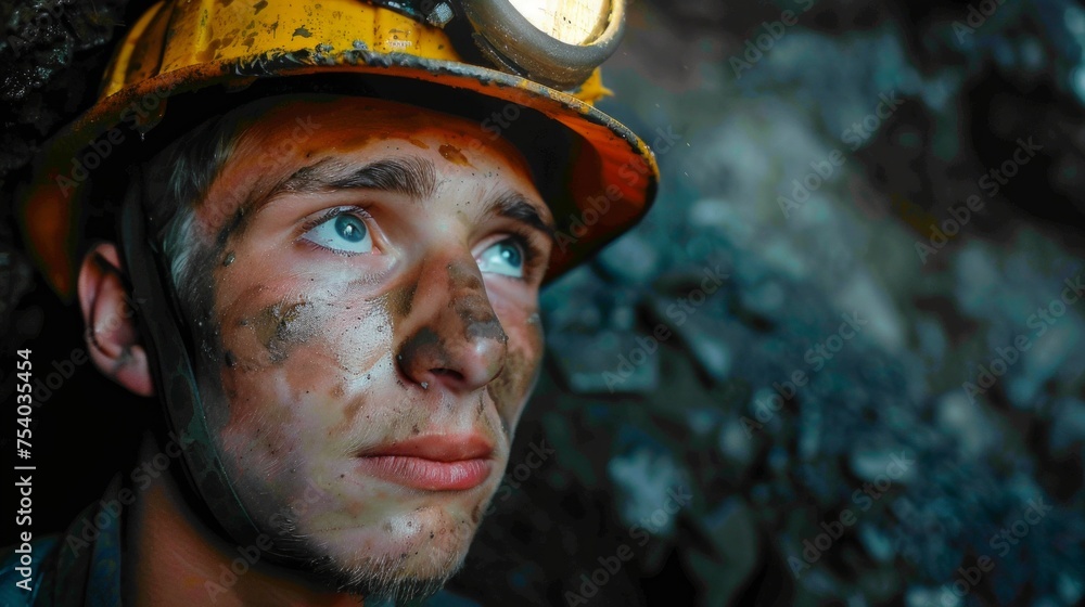 Close-up photo of dirty miner, dirty hardworking miner in cave, dark cave. Close-up photo of dirty miner, dirty hardworking miner in cave, dark cave.