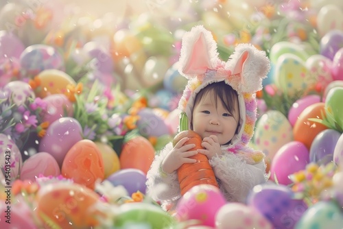 Springtime Magic: Adorable Kid in Bunny Outfit Joyfully Grasping a Large Carrot Surrounded by Easter Eggs