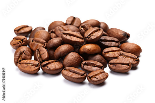 macro close-up Aromatic stacked roasted coffee beans isolated on white background created with Generative AI Technology