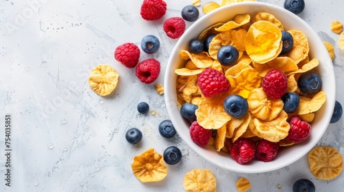 Delicious american breakfast cornflakes with berries, honey on bright white background, copy space