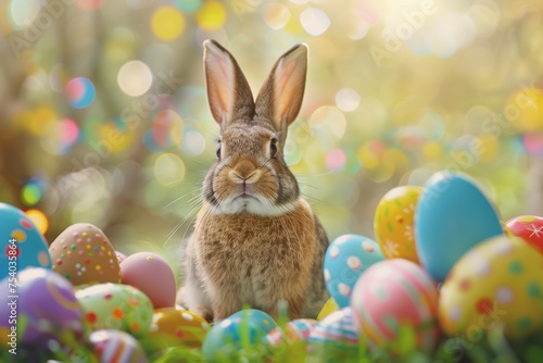 A rabbit is standing in a field of Easter eggs