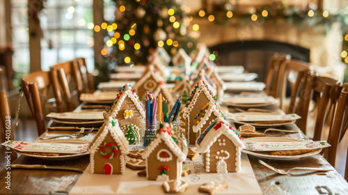 A childrens table covered in craft paper and crayons with homemade gingerbread houses and handdecorated sugar cookies as place markers. photo