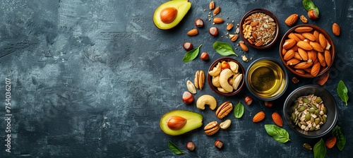 Healthy fats variety with avocado, nuts, seeds, and olive oil on wood background with room for text.