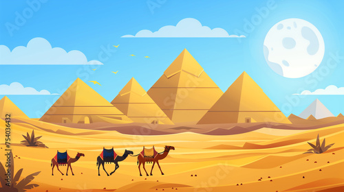 Pyramids in desert flat panoramic illustration Egyptian landscape 