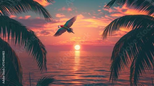 A tropical sea at sunset, framed by palm trees, with a colorful parrot flying across the sky. 8k © Muhammad