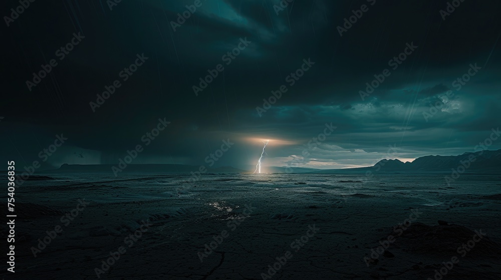 A single, strong bolt of lightning striking the ground, illuminating the vast, desolate landscape with intense light beneath a dark, stormy sky. 