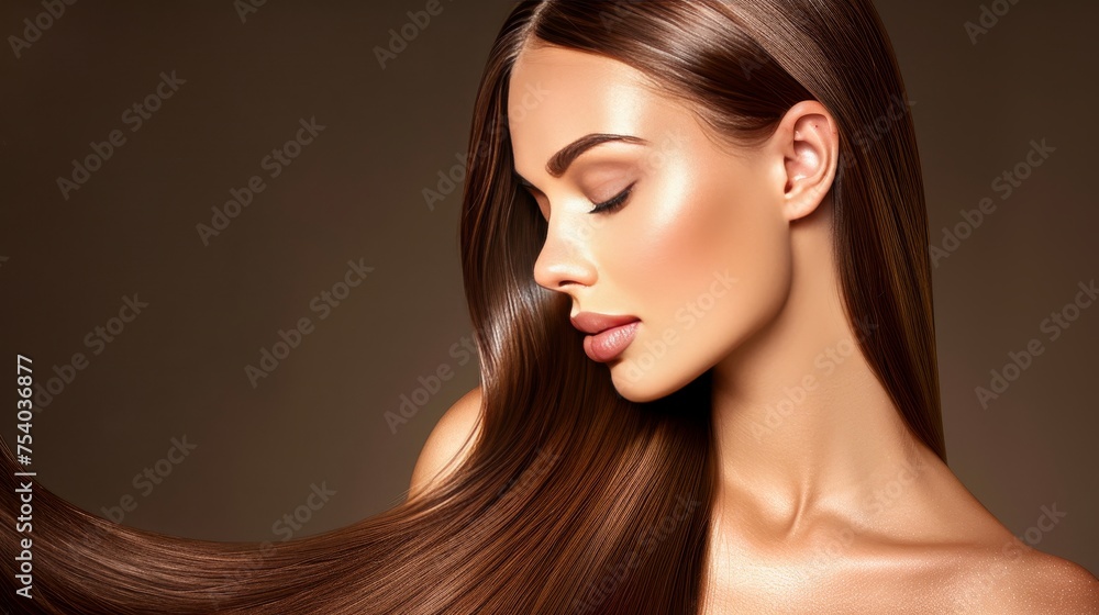 Chic brunette woman with shiny long hair on dark background   hair care product ad concept