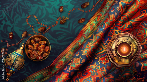 Background Lantern dish of dates and Qur'an on Ramadan colorful fabrics 